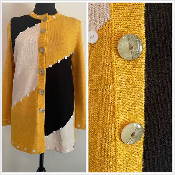 J.S.S knit wear jacket 2 pcs suit Sm yellow black cream button detail classic - Picture 1 of 16